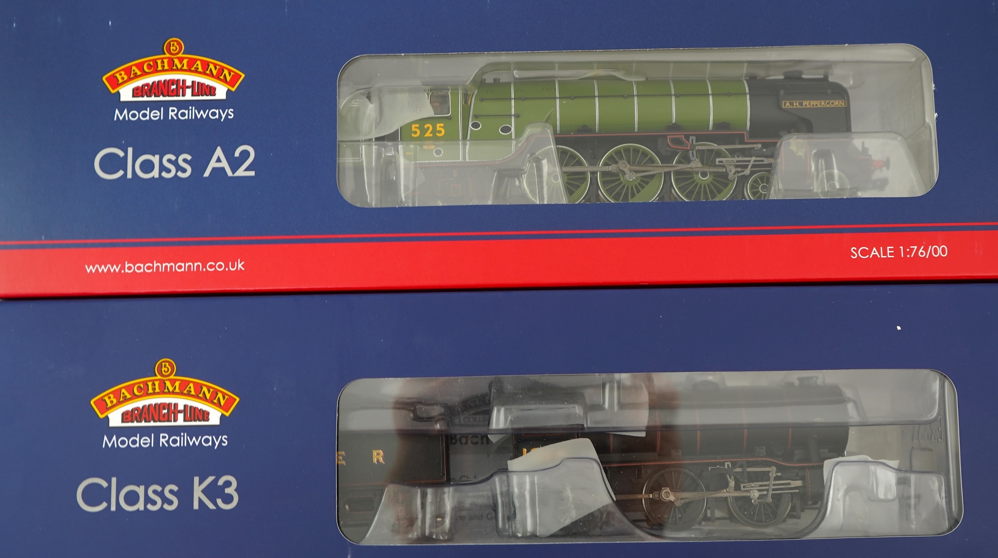 Two boxed Bachman branch line 00 gauge railway LNER tender locomotives; a class A2, A.H. Peppercorn 525, (31-525), together with a class K3, 1304, (32-279A)